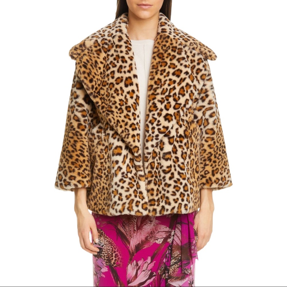 NWT Fuzzi Leopard Print Crop Faux Fur Jacket US 8 IT 42